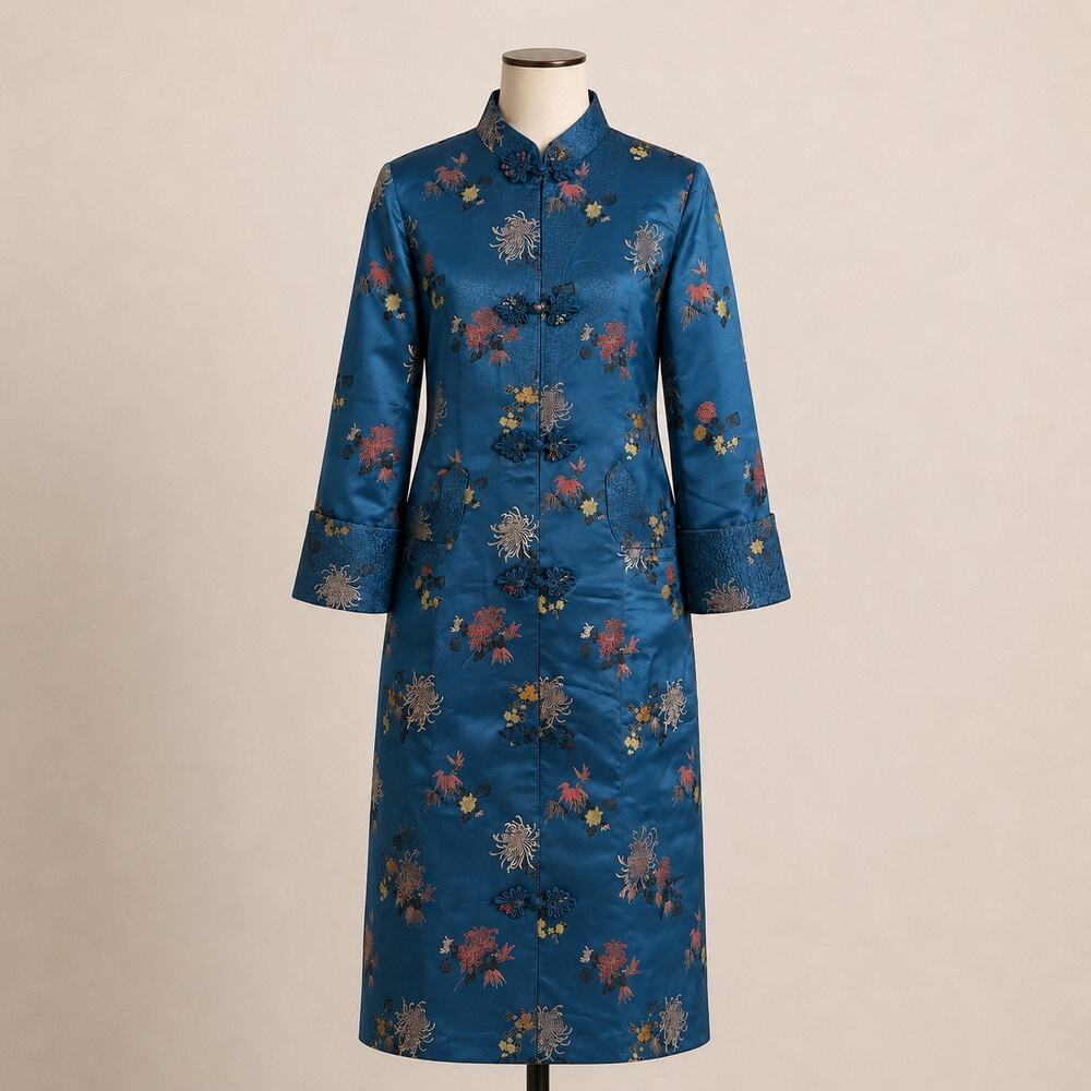 Vintage Peony Shanghai China Blue Floral Brocade Rayon Long Coat Robe XS -